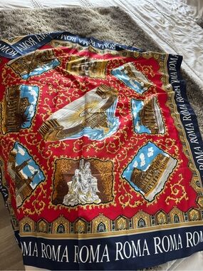 Roma Red Scenic Silk-Feel Throw with Navy Border
